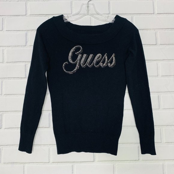 Guess Los Angeles sweater bling spellout logo black cotton nylon small women - Picture 7 of 7